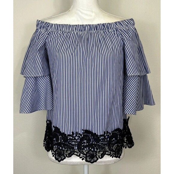 ZARA Blue & White Striped Off the Shoulder Puff Sleeve Lace Blouse Size Medium - Picture 8 of 13